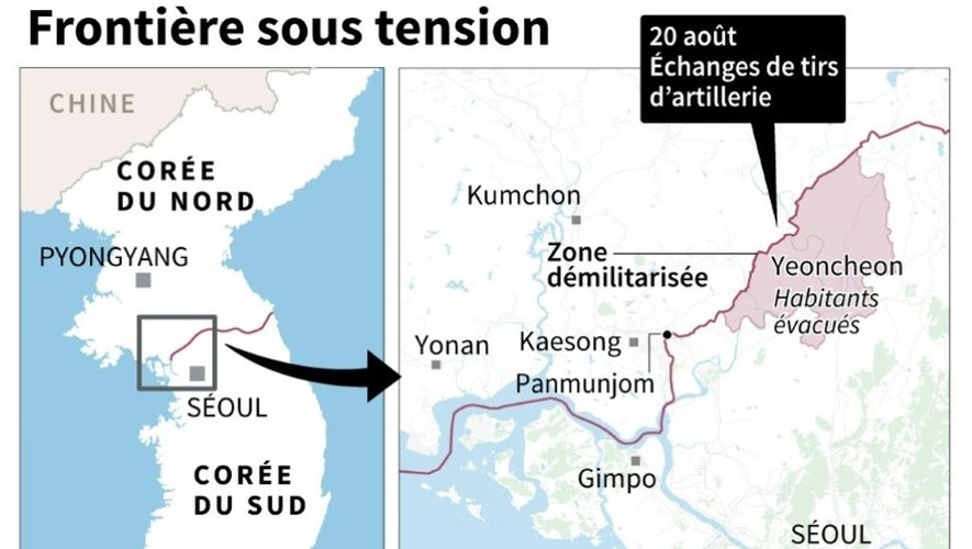 Carte de la zone de tensions autour de la frontière entre la Corée du Nord et du Sud