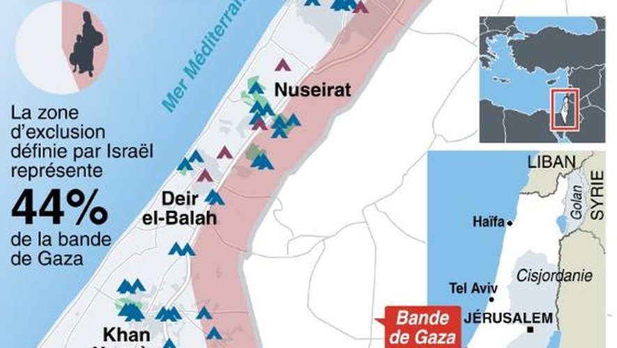 Carte de la bande de Gaza précisant les abris et les zones que l'armée israélienne a demandé aux civils d'évacuer
