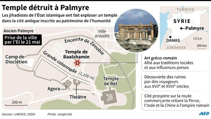 Carte de Palmyre où les jihadistes de l'EI  ont fait explosé un temple