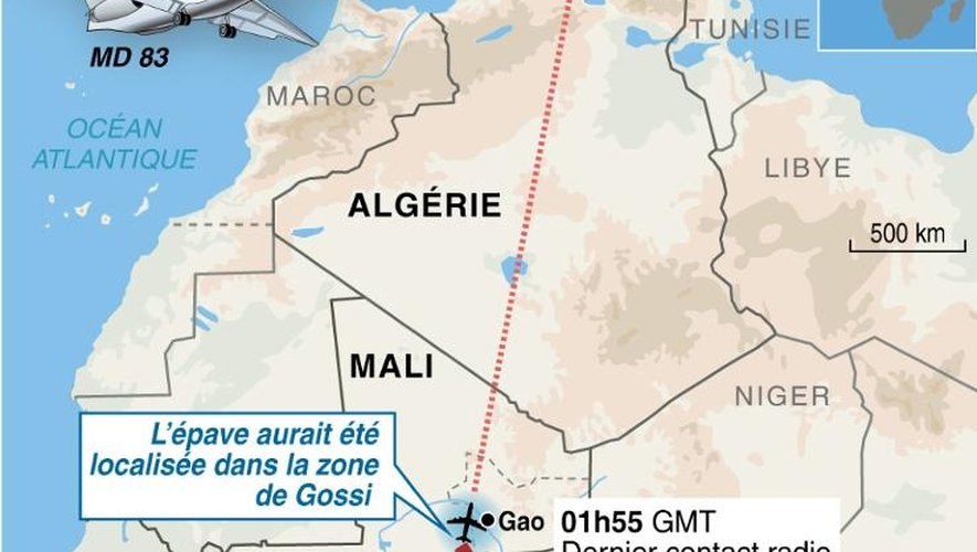 Carte avec la trajectoire du vol AH 5017 parti de Ouagadougou
