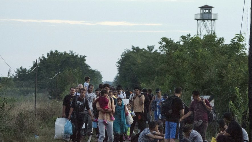 Une famille de migrants passent la frontière le 24 août 2015 entre la Serbie et la Hongrie près du village de Asotthalom, après que les fils barbelés ont été coupés
