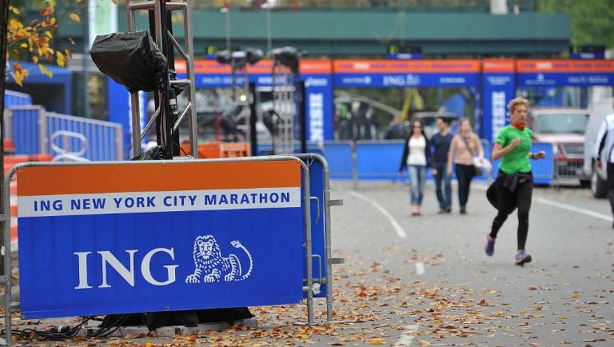 La ligne d'arrivée du Marathon de New York, lors des préparatifs, le 31 octobre 2013