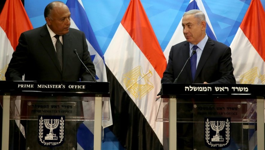 Le ministre égyptien des Affaires étrangères Sameh Choukry (g) et le Premier ministre israélien Benjamin Netanyahu, le 10 juillet 2016 à Jérusalem