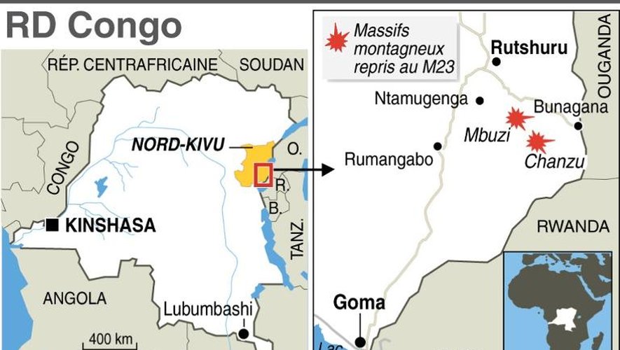 Infographie localisant le Nord Kivu, où l'armée a repris de nouvelles positions au M23
