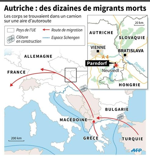 Carte localisant le lieu ou des dizaines de migrants ont été retrouvés morts en Autriche