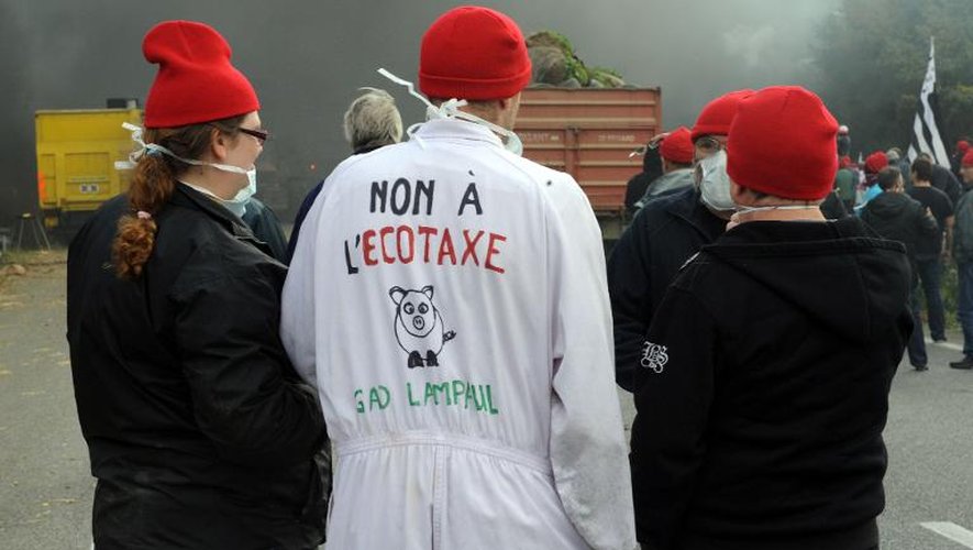 Des manifestants, portant des bonnets rouges, manifestent à Pont-de-Buis, contre l'éco-taxe, le 26 octobre 2013