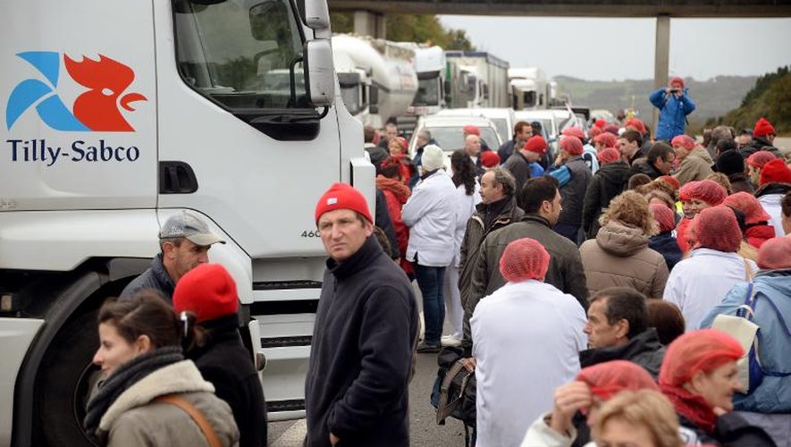 Des salariés de Tilly-Sabco bloquent la circulation sur la voie express entre Morlaix et Rennes, le 5 novembre 2013