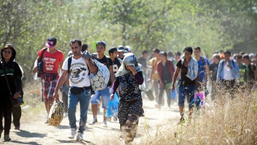 Des migrants traversent la frontière le 29 août 2015 à Gevgelija en Macédoine