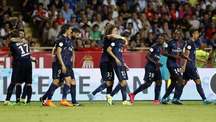 La joie des Parisiens après le 3e but contre Monaco au stade Louis II, le 30 août 2015