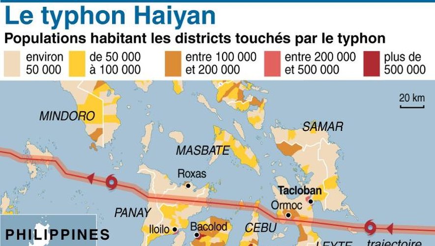Densité de la population dans les districts traversés par le typhon Haiyan aux Philippines