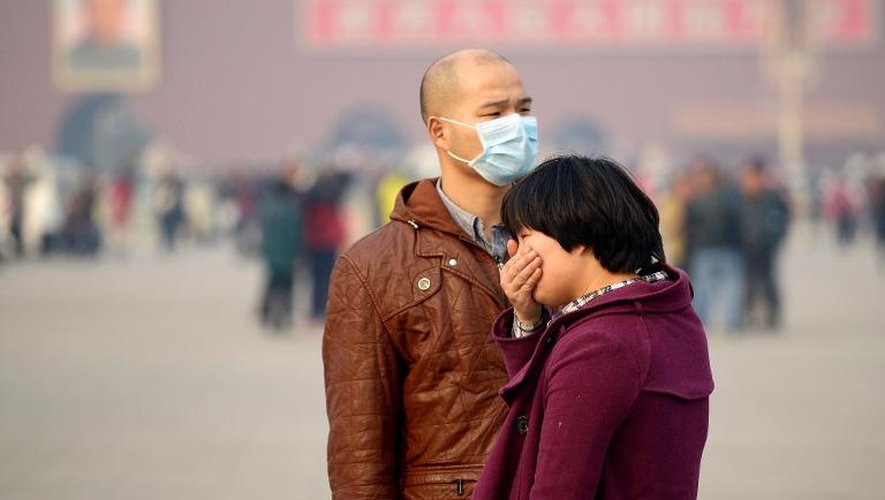Des touristes chinois place Tiananmen un jour de forte pollution, le 5 novembre 2013 à Pékin