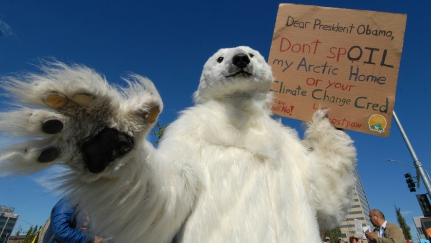 Un homme déguisé en ours polaire manifeste le 31 août 2015 contre la venue du président Barack Obama à Anchorage en Alaska