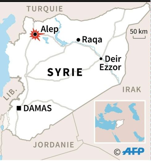 Localisation d'Alep, où plusieurs civils sont morts dans des raids aériens sur des quartiers tenus par les rebelles jeudi selon l'OSDH