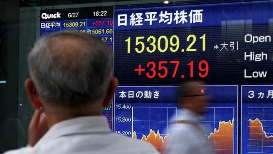 Affichage de valeurs boursières sur un écran à la Bourse de Tokyo, le 27 juin 2016