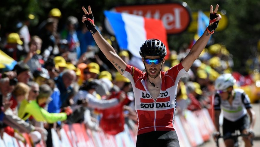 Le coureur belge Thomas De Gendt vainqueur en solitaire de la 12e étape du Tour de France au Chalet-Reynard, le 14 juillet 2016