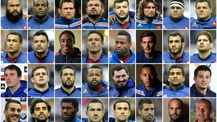 Les 31 joueurs français sélectionnés pour la Coupe du monde en Angleterre et le sélectionneur du XV de France Philippe Saint-André (en bas à droite)