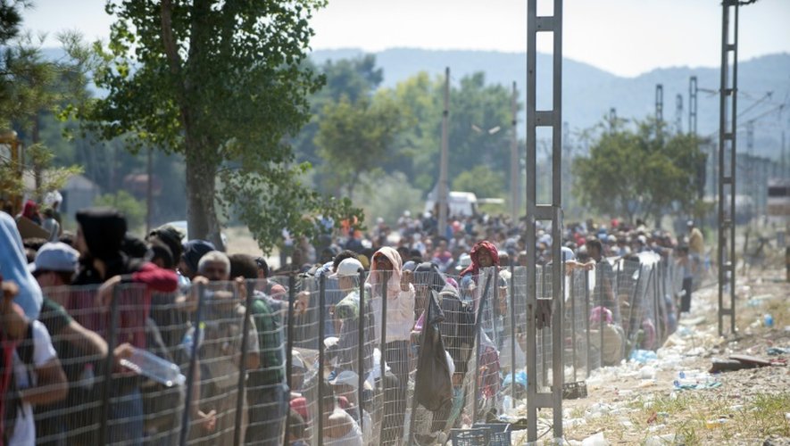 Des migrants attendent à la frontière grecque pour passer en Macédoine près du village de Gevgelija, le 3 septembre 2015
