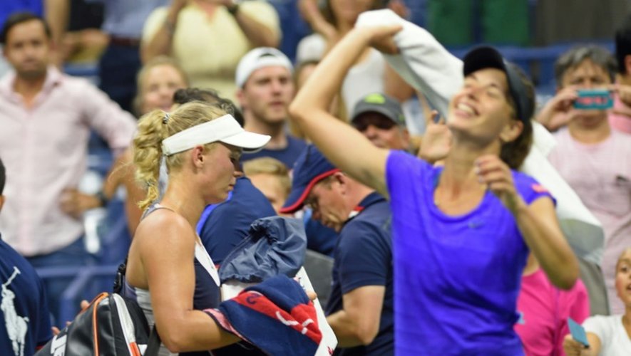 Carolina Wozniacki et Petra Cetkovska à l'issue de leur match le 3 septembre 2015 à l'US Open de tennis à New York