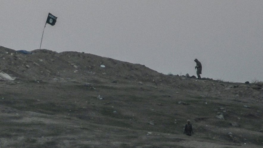 Des membres du groupe Etat islamique sur une colline près de la frontière turque, aux abords du village de Tumurtalik, le 23 octobre 2014