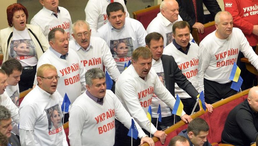 Des partisans de Ioulia Timochenko réagissent après le vote du Parlement rejetant les textes sur le transfert à l'étranger pour sois de l'opposante ukrainienne, le 21 novembre 2013 à Kiev