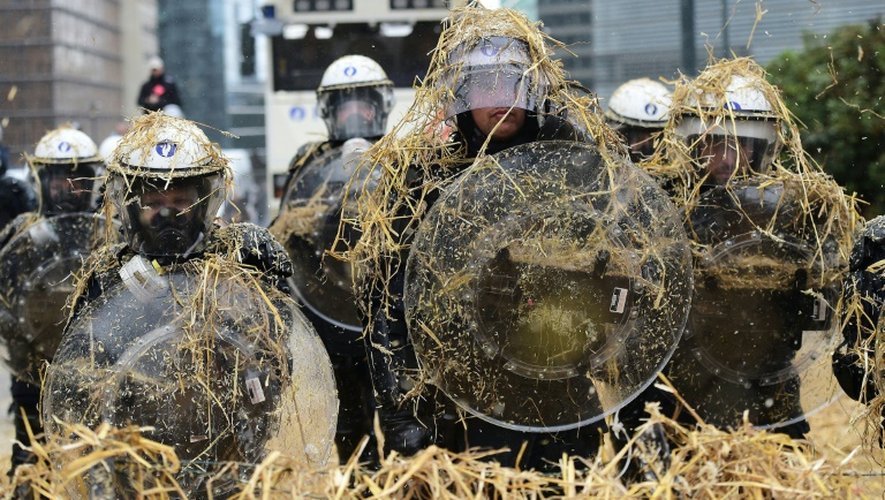 Des policiers sous la paille lors d'une manifestation d'agriculteurs à Bruxelles, le 7 septemmbre 2015