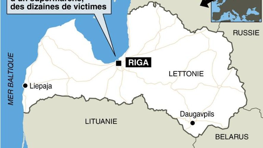 Infographie localisant Riga, en Lettonie, où l'écroulement du toit d'un supermarché a fait plusieurs dizaines de victimes
