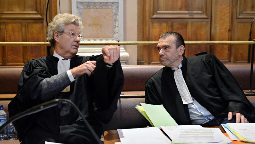Hubert Delarue (g) et Frank Berton (d), les avocats de Stéphane Moitoiret et Noëlla Hego, le 22 novembre 2013 au palais de justice de Lyon