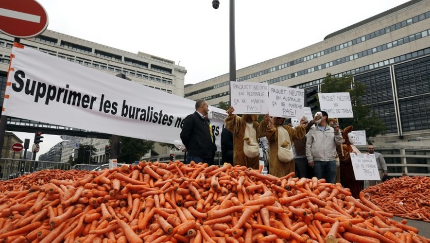 Des tonnes de carottes sont deversées devant le ministère de l'Economie à Paris pour protester contre les paquets neutres, le 8 septembre 2015