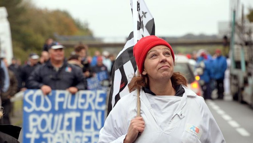 Des salariés de Tilly-Sabco manifestent sur une nationale entre Morlaix et Saint-Brieuc, le 5 novembre 2013