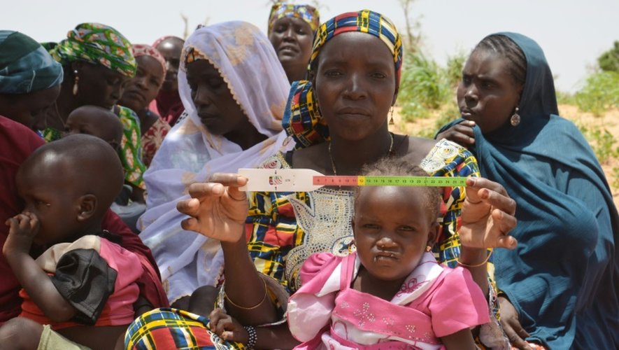 Au Niger, une mère présente un périmètre brachial (PB), un brassard tricolore, qui sert à mesurer l'épaisseur du bras et détecter la malnutrition, dans le village de Barago (sud), le 14 juillet 2016 
