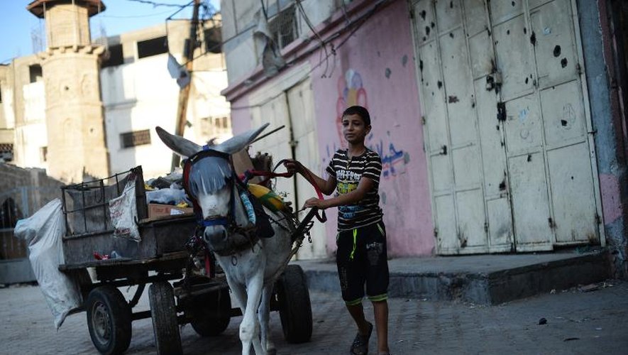 Un jeune Palestinien mène son âne dans les rues de Jabalia le 14 août 2014