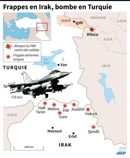Carte du sud de la Turquie et du nord de l'Irak montrant les évènements du conflit Turquie-PKK mardi
