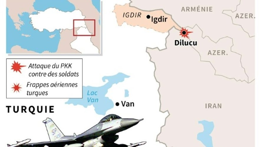 Carte du sud de la Turquie et du nord de l'Irak montrant les évènements du conflit Turquie-PKK mardi