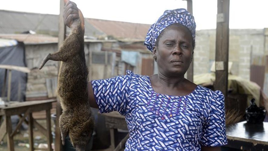 Vivian Koshefobamu, une commerçante montre une pièce de viande de brousse grillée au marché de Ajegunle-Ikorodu à Lagos où elle tient un stand, le 13 août 2014
