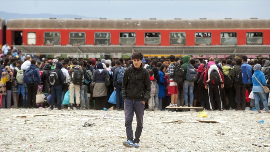 Après avoir traversé la frontière entre la Grèce et la Macédoine à Gevgelija, les migrants montent à bord d'un train spécialement affrété pour les acheminer à la frontière avec la Serbie, le 8 septembre 2015