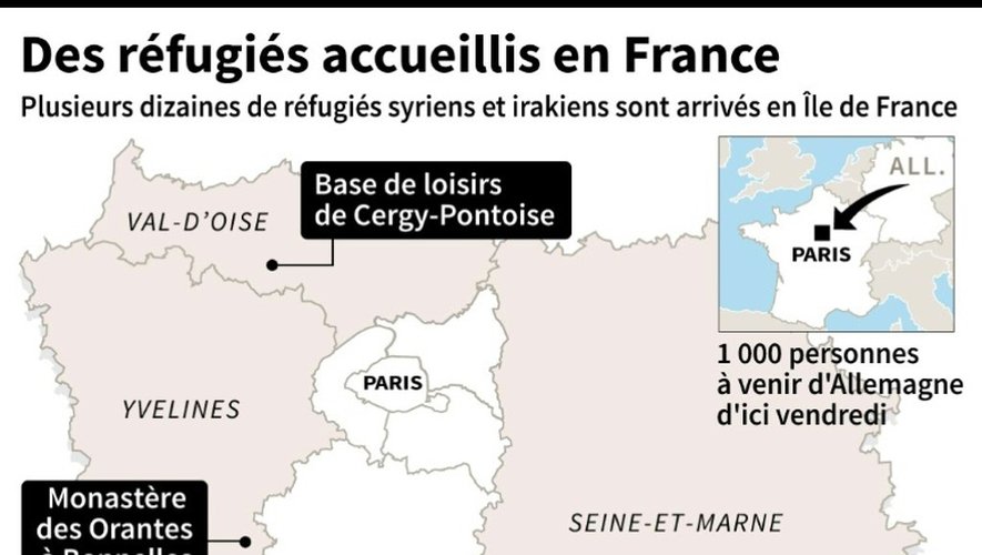 Carte de localisation des centres d'accueil pour les réfugiés syriens et irakiens arrivant d'Allemagne
