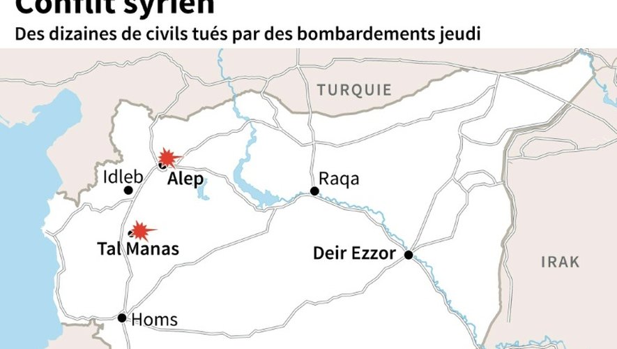 Localisation des bombardements qui ont coûté la vie à des dizaines de civils jeudi en Syrie