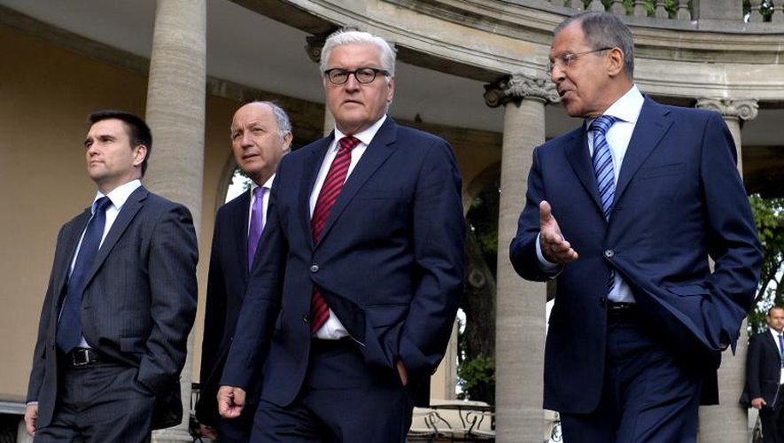 Les ministres ukrainien Pavlo Klimkin, français Laurent Fabius, allemand Frank-Walter Steinmeier et russe Sergei Lavrov le 17 août 2014 à Berlin