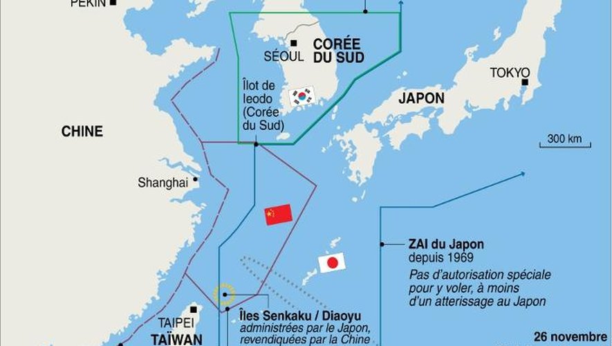 Infographie montrant les zones aériennes d'identification (ZAI) autour de la mer de Chine orientale
