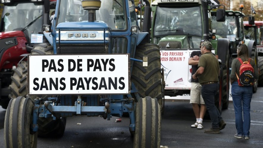 Un tracteur avec une pancarte disant "pas de pays sans paysan" lors d'une manifestation des agriculteurs à Paris contre des prix trop bas et des normes trop nombreuses