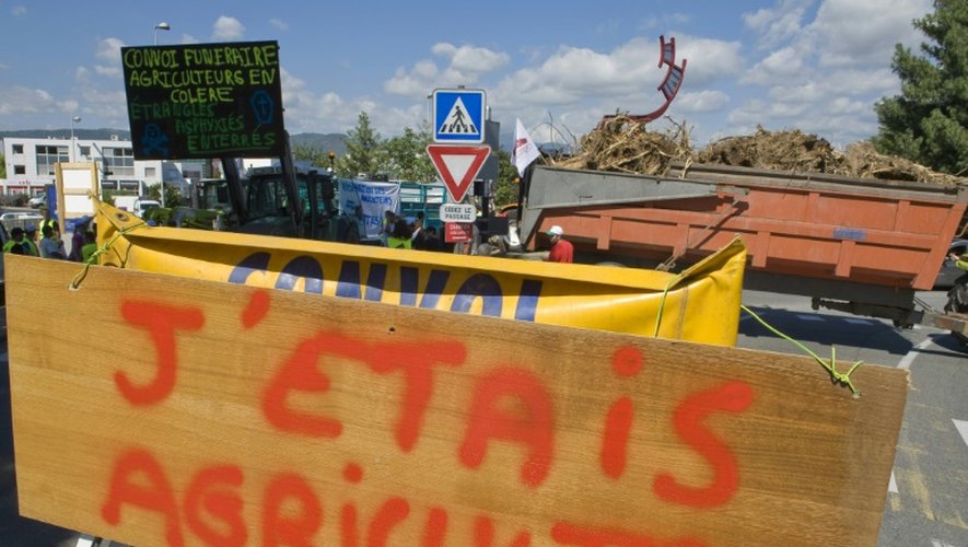 Des tracteurs, dont l'un porte une pancarte "J'étais agriculteur" bloquent une route à Clermont Ferrand le 23 juillet 2015