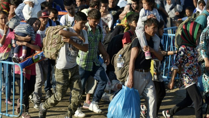 Des migrants venus de Grèce tentent de passer la frontière avec la Macédoine au niveau du village grec de Idomeni, le 13 septembre 2015