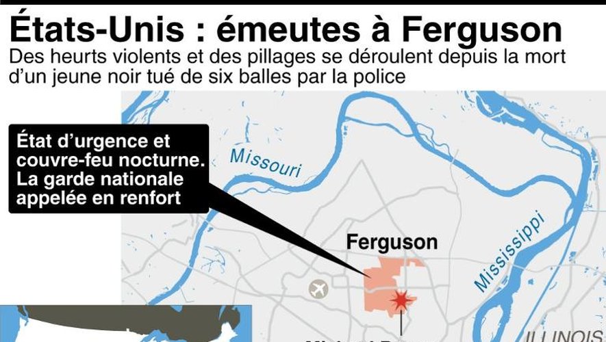 Carte  localisant la ville américaine de Ferguson, théâtre d'émeutes raciales