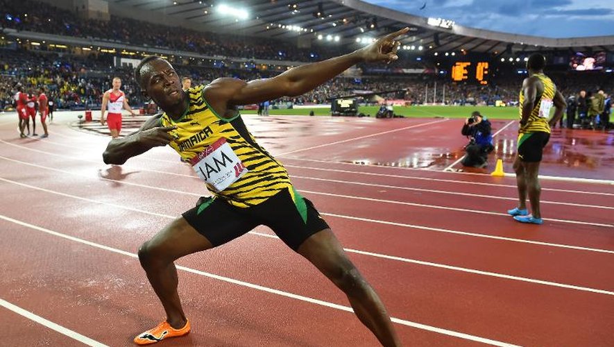 Le sprinteur jamaïquain Usain Bolt après sa victoire sur le 4x100 m relais aux jeux du Commonwealth à Glasgow, le 2 août 2014