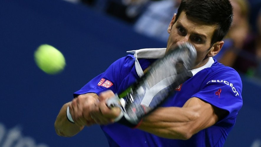 Novak Djokovic lors de la finale de l'US Open qu'il a remportée en battant Roger Federer le 13 septembre 2015 à New York