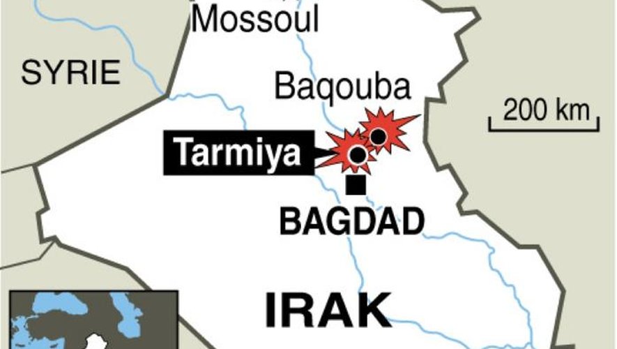 Infographie localisant les attaques à Tarmiya, Baqouba et Mossoul en Irak qui ont fait 18 victimes