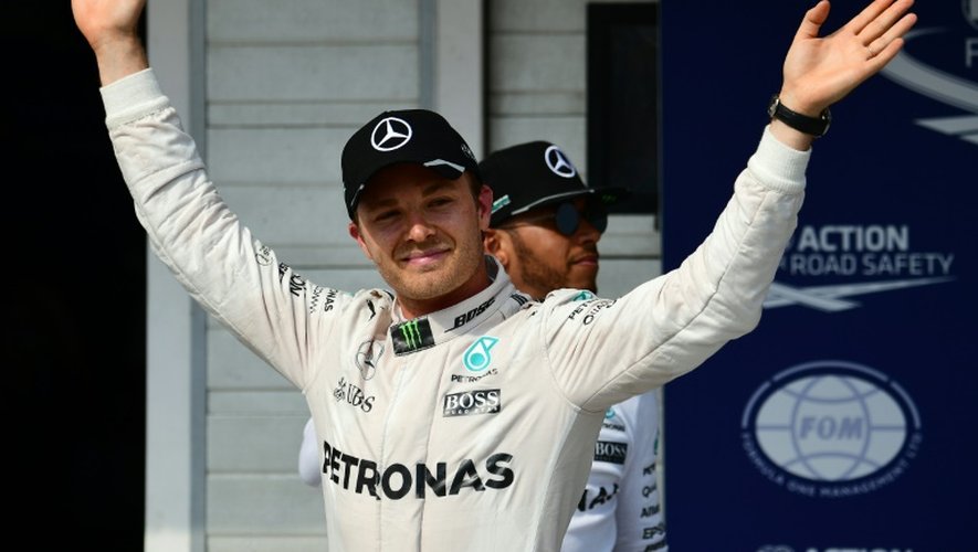 L'Allemand Nico Rosberg (Mercedes), auteur de la pole position du GP de Hongrie, lève les bras, le 23 juillet 2016 sur le Hungaroring