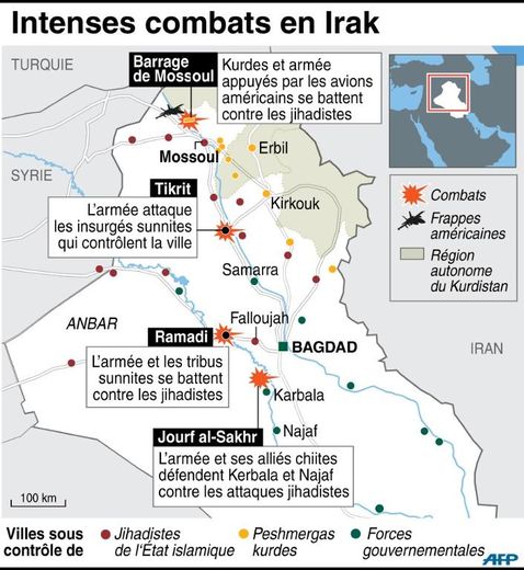 Carte de l'Irak avec les derniers combats dans l'ensemble du pays