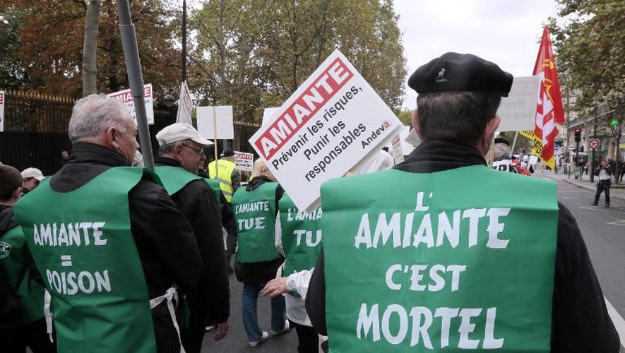 Des participants protestent contre l'amiante lors d'une manifestation, le 12 octobre 2013 à Paris, à l'appel de l'Association nationale de défense des victimes de l'amiante (Andeva)