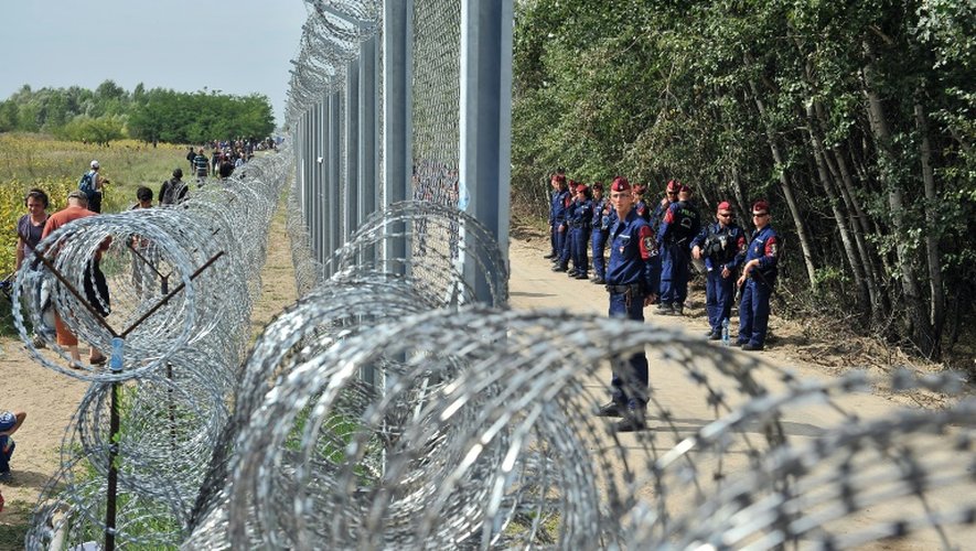 Migrants et réfugiés le 15 septembre 2015 d'un côté de la clôture barbelée  près de Horgos en Serbie,   gardée de l'autre côté par la police hongroise